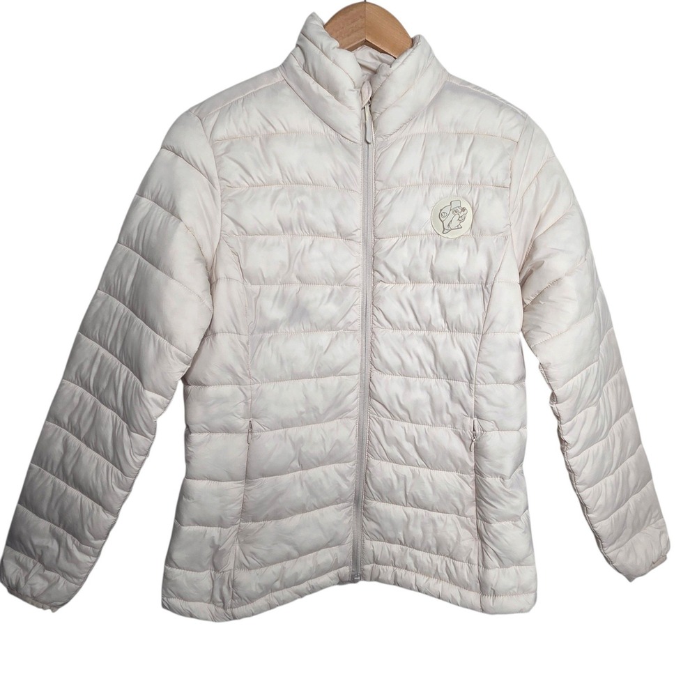 Buc-ees Women Cream Nylon Quilted Puffer Jacket Size MD Beaver Logo Full Zip